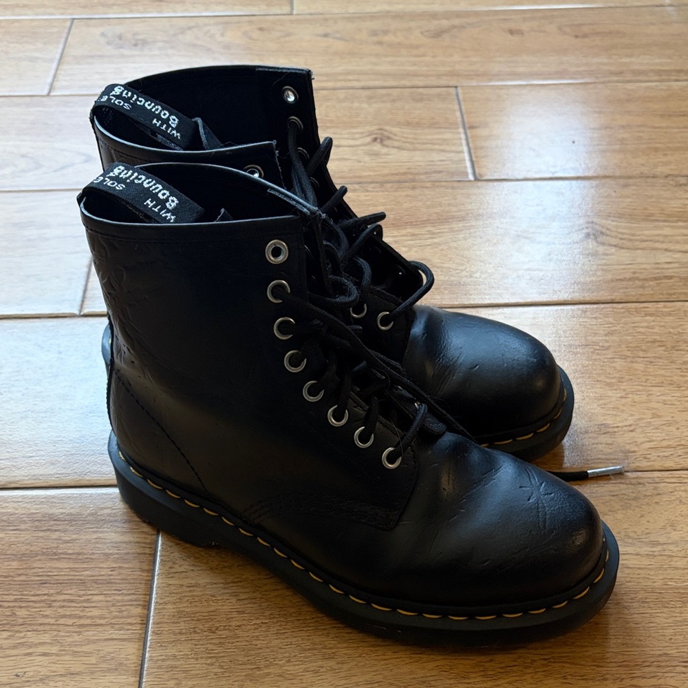 Dr. Martens Black Lace Up Boots with embossed barbed wire